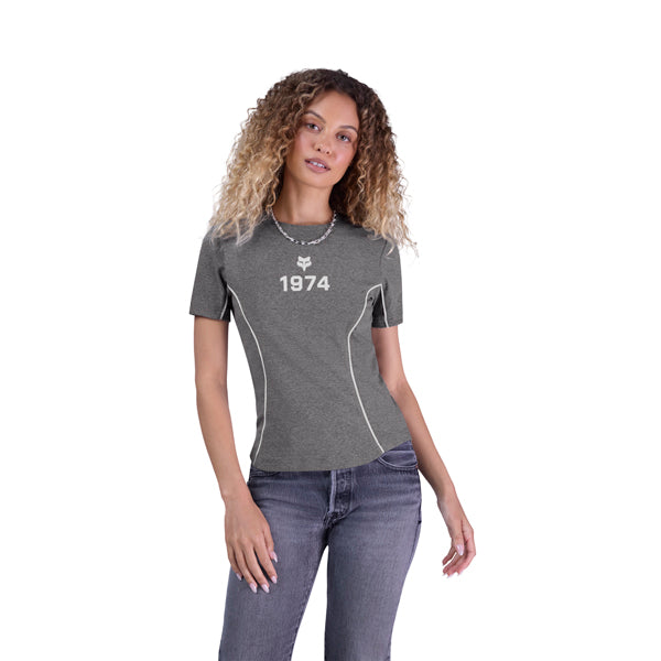 Professional studio photo of Fox Racing Moto-X Fitted Tee (Womens); showing tee fit, printed graphics, and crew neckline; SKU 36700-185-XS; Sizes: XS-XL