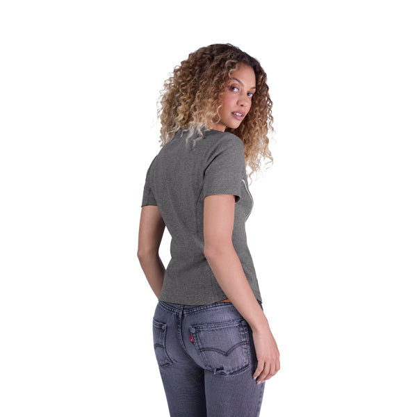 Crisp studio image on a white background of Fox Racing Moto-X Fitted Tee (Womens); showing tee fit, printed graphics, and crew neckline; SKU 36700-185-XS - alternate view