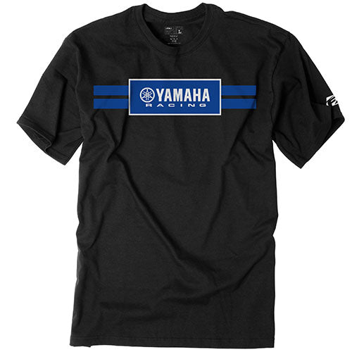 Professional studio photo of Factory Effex Yamaha Racing Stripes Tee; showing tee fit, printed graphics, and crew neckline; SKU 19-872; Colors: Black