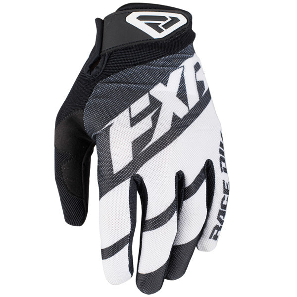 Product image of fxr clutch strap MX glove black white front motocross gloves showing fit, construction, and colorway | Available at BTO Sports
