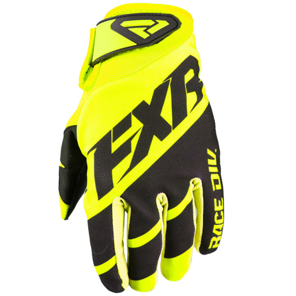 Product image of fxr clutch strap MX glove hivis black front motocross gloves showing fit, construction, and colorway | Available at BTO Sports