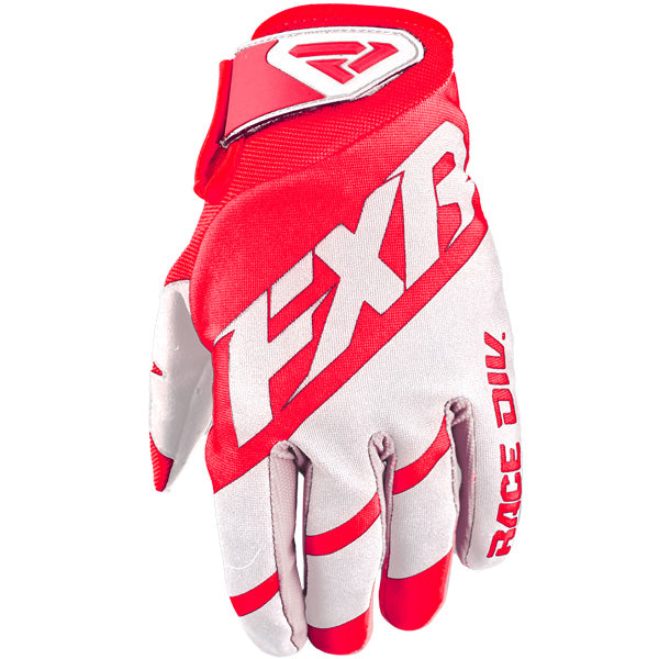 Product image of fxr clutch strap MX glove red white front e7696080 ca2a 4eeb b70d b1f56c51ebd1 motocross gloves showing fit, construction, and colorway | Available at BTO Sports