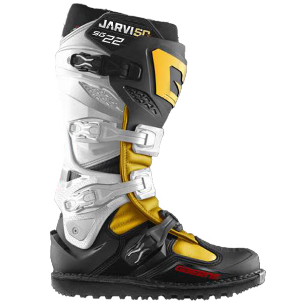 Studio product photo on a white background of Gaerne, SG-22 LE Jarvis 50th Anniversary Boots, Product image of gaerne sg 22 le jarvis 50th anniversary boots 048066708 motocross boots showing design and colorway, Colors: Red/Black/Grey, Sizes: 8–13, SKU 480-667