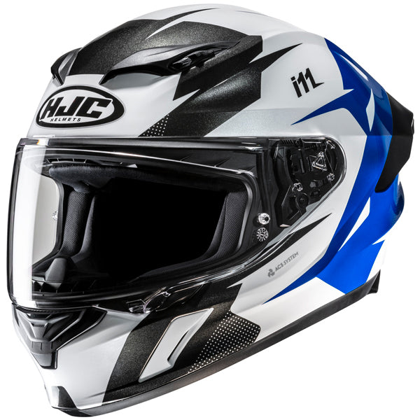 A full-face motorcycle helmet with a sleek, aerodynamic design featuring a predominantly white base color accented with black, blue, and silver graphics. The helmet has a clear visor, black interior padding, and visible ventilation vents on top and front. The brand logo 'HJC Helmets' is prominently displayed on the front, with the number '111' on the side. The background is plain white, emphasizing the helmet's modern, professional style with high-gloss finish and detailed graphics. - alternate view