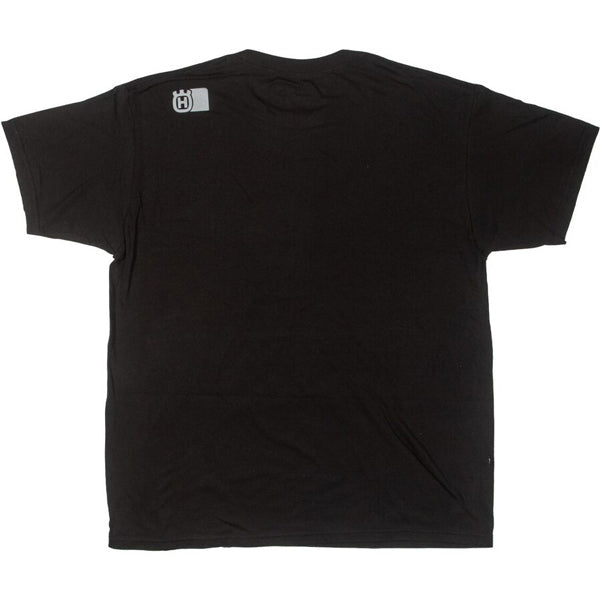 Clean studio shot of Husqvarna Husqvarna Stacked Logo Tee; showing tee fit, printed graphics, and crew neckline; SKU 3HS250053502; Sizes: S-2XL