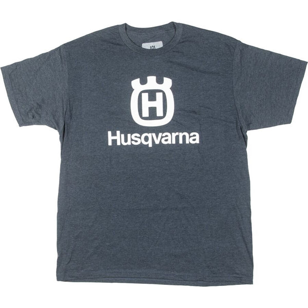 High-resolution studio image of Husqvarna Husqvarna Stacked Logo Tee; showing tee fit, printed graphics, and crew neckline; SKU 3HS250053502