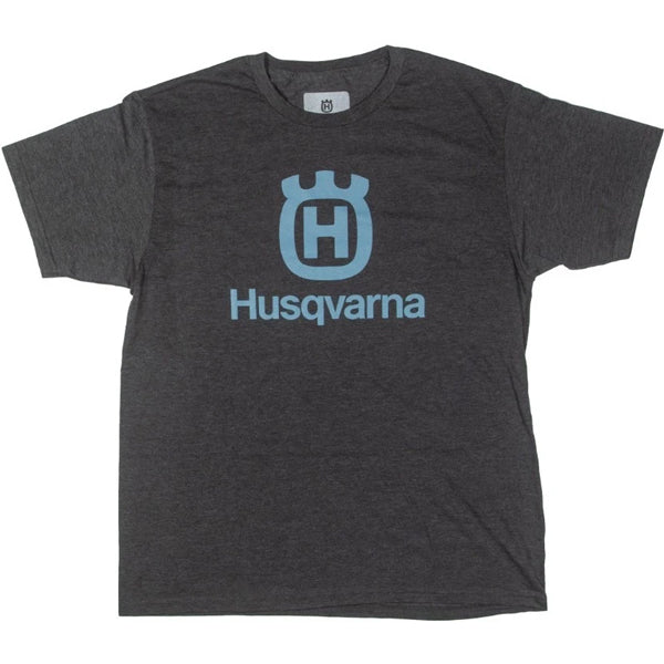 Professional studio photo of Husqvarna Husqvarna Stacked Logo Tee; showing tee fit, printed graphics, and crew neckline; SKU 3HS250053502; Sizes: S-2XL