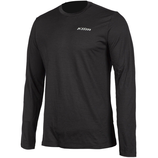 Studio photo on a white background of Klim Teton Merino Wool Long Sleeve Shirt; showing long-sleeve cut, printed graphics, and crew neckline
