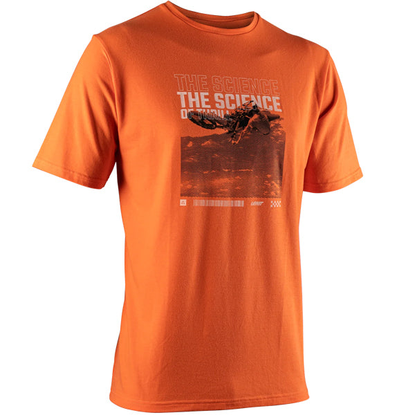 Clean studio shot of Leatt Core T-Shirt; showing tee fit, printed graphics, and crew neckline; SKU 5026081290; Sizes: S-3XL