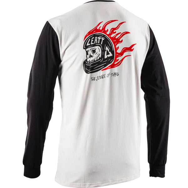 Clean studio shot of Leatt Core Long Sleeve Shirt; showing long-sleeve cut, printed graphics, and crew neckline; SKU 50260814; Sizes: S-3XL