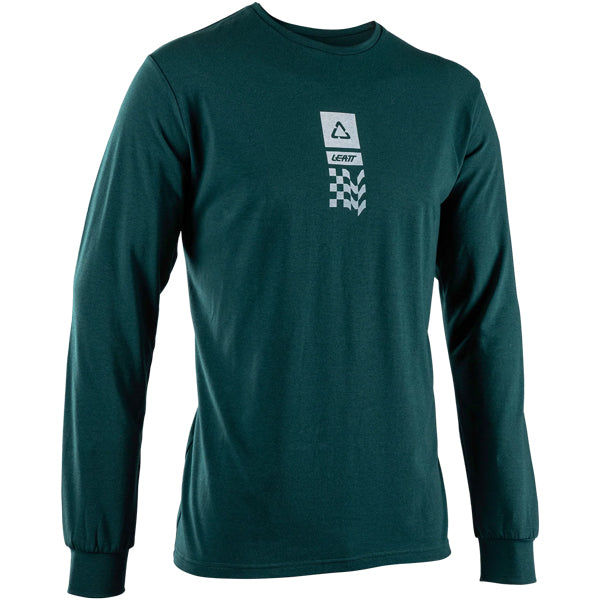 High-resolution studio image of Leatt Core Long Sleeve Shirt; showing long-sleeve cut, printed graphics, and crew neckline; SKU 50260814; Sizes: S-3XL