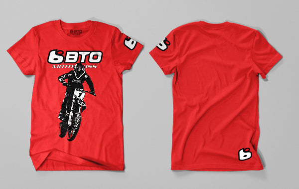 Professional studio photo of BTO Sports Throttle Tee (Youth); showing tee fit, printed graphics, and crew neckline; SKU BTO-THROTTLE-RD-YXL