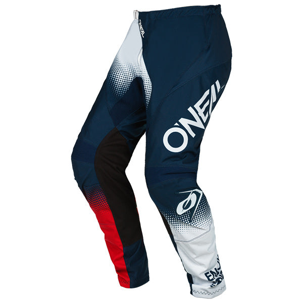 Detailed studio photograph of O'Neal, Element Racewear Pants, SKU E021-038, color options Blue/Orange/Neon Yellow, Black/White/Red, Blue/White/Red, Black/Grey/Neon Yellow, sizes 28–52