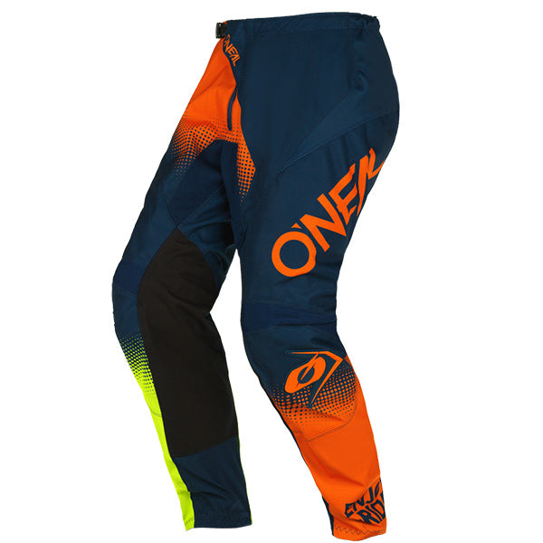 Studio image highlighting O'Neal, Element Racewear Pants, SKU E021-032, color options Blue/Orange/Neon Yellow, Black/White/Red, Blue/White/Red, Black/Grey/Neon Yellow, sizes 28–52