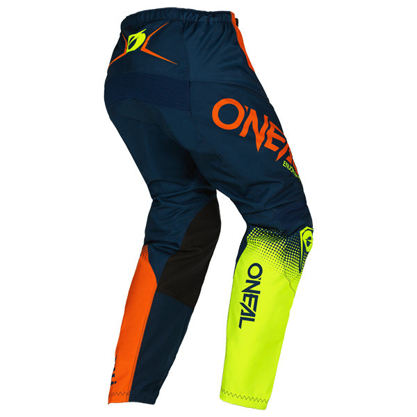 Catalog studio image of O'Neal, Element Racewear Pants, SKU E021-030, color options Blue/Orange/Neon Yellow, Black/White/Red, Blue/White/Red, Black/Grey/Neon Yellow, sizes 28–52