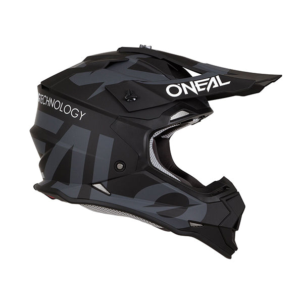 Studio image highlighting O'Neal, 2 Series SLICK Helmet, SKU 0200-S11, color options Black/Grey, sizes XS–2X