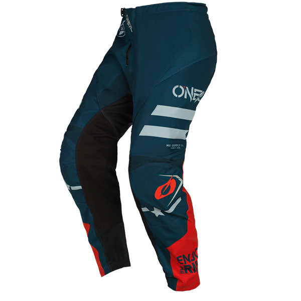Studio photo showcasing O'Neal, Element Squadron Pants, SKU E021-438, color options White, Black, Teal, sizes 28–42