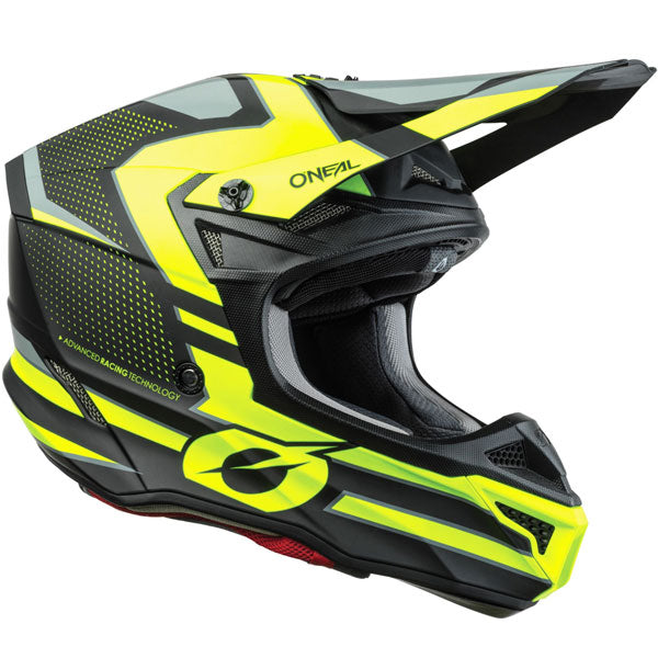 Studio photo showcasing O'Neal, 5 Series Sleek Helmet, SKU 0628-432, color options Black/Grey, Black/Neon Yellow, White/Blue/Red, sizes XS–2X