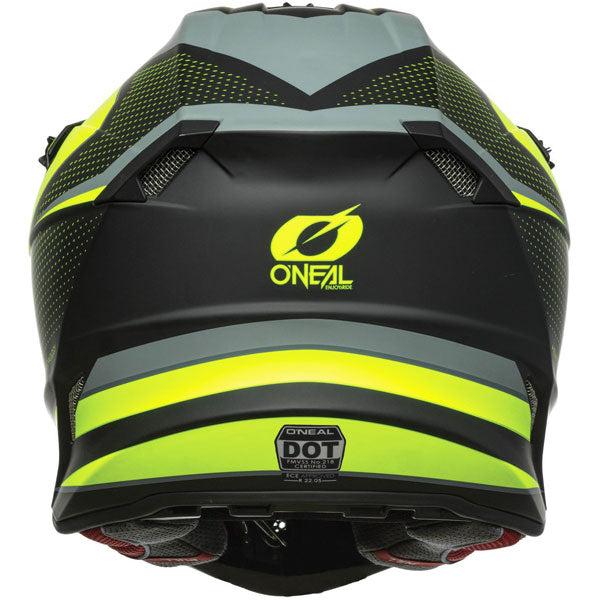 Detailed studio photograph of O'Neal, 5 Series Sleek Helmet, SKU 0628-426, color options Black/Grey, Black/Neon Yellow, White/Blue/Red, sizes XS–2X