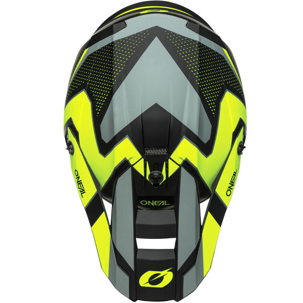 Studio product photo on a neutral background of O'Neal, 5 Series Sleek Helmet, SKU 0628-433, color options Black/Grey, Black/Neon Yellow, White/Blue/Red, sizes XS–2X