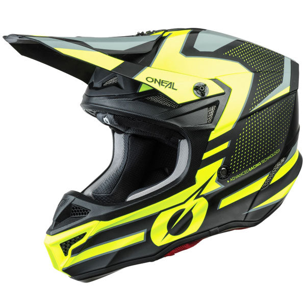 Detailed studio photograph of O'Neal, 5 Series Sleek Helmet, SKU 0628-431, color options Black/Grey, Black/Neon Yellow, White/Blue/Red, sizes XS–2X