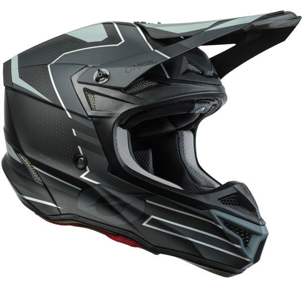 Catalog studio image of O'Neal, 5 Series Sleek Helmet, SKU 0628-422, color options Black/Grey, Black/Neon Yellow, White/Blue/Red, sizes XS–2X