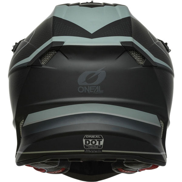 Clean studio photo on a white background of O'Neal, 5 Series Sleek Helmet, SKU 0628-423, color options Black/Grey, Black/Neon Yellow, White/Blue/Red, sizes XS–2X