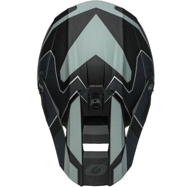 Studio image highlighting O'Neal, 5 Series Sleek Helmet, SKU 0628-424, color options Black/Grey, Black/Neon Yellow, White/Blue/Red, sizes XS–2X
