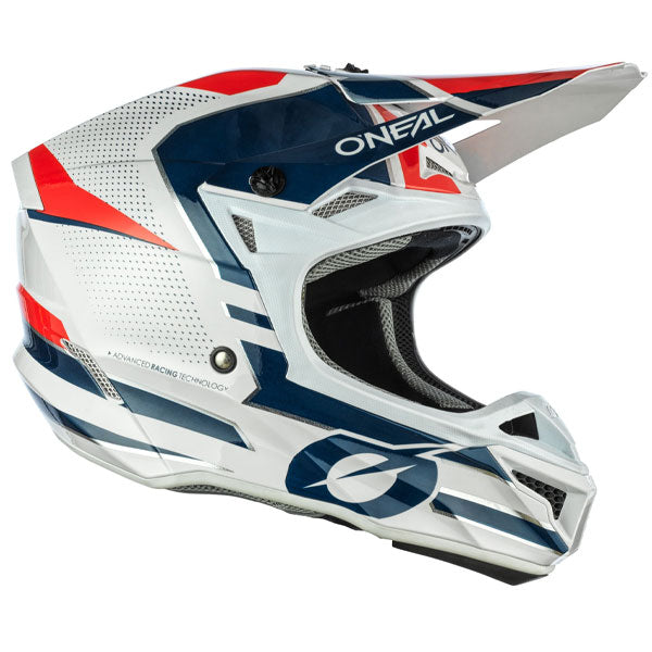 Studio product photo on a neutral background of O'Neal, 5 Series Sleek Helmet, SKU 0628-434, color options Black/Grey, Black/Neon Yellow, White/Blue/Red, sizes XS–2X