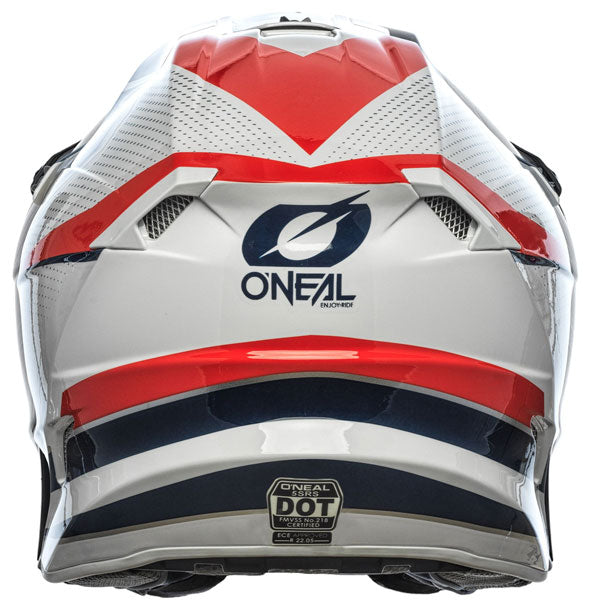 Catalog studio image of O'Neal, 5 Series Sleek Helmet, SKU 0628-436, color options Black/Grey, Black/Neon Yellow, White/Blue/Red, sizes XS–2X