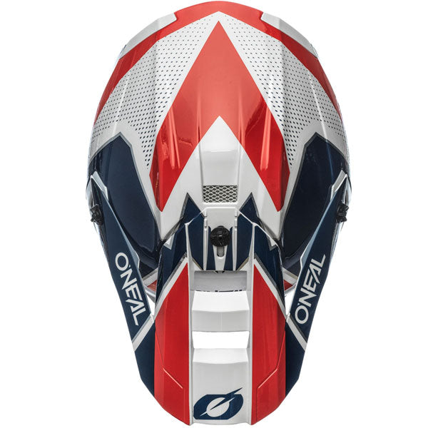 Detailed studio photograph of O'Neal, 5 Series Sleek Helmet, SKU 0628-435, color options Black/Grey, Black/Neon Yellow, White/Blue/Red, sizes XS–2X