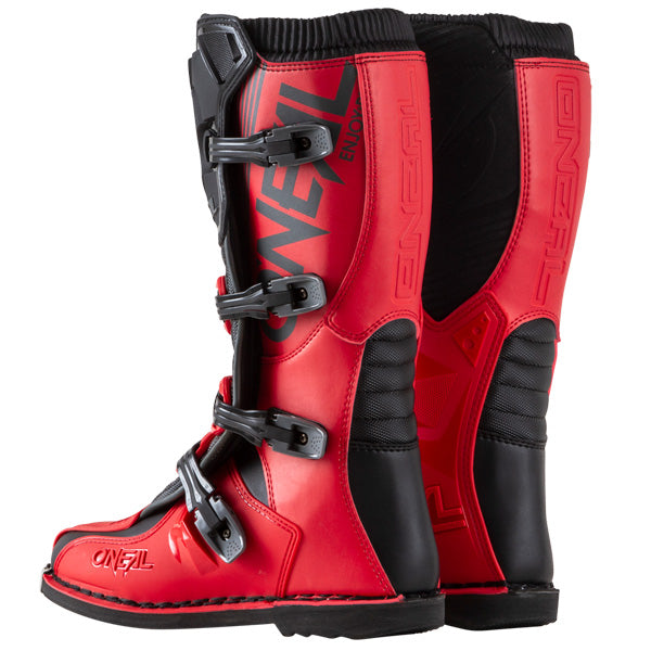 Studio image highlighting O'Neal, Element Boots, SKU 0332-213, color options White, Black, Red, Grey, sizes 7–15