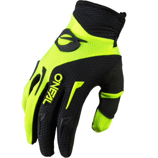 High-resolution studio image of O'Neal, Element Gloves (Youth), Offroad Gloves, SKU E031-401, color options Black, Red/Black, Neon/Black, Black/Pink, sizes Y-SM, Y-XL, Y-XS, Y-MD, Y-LG