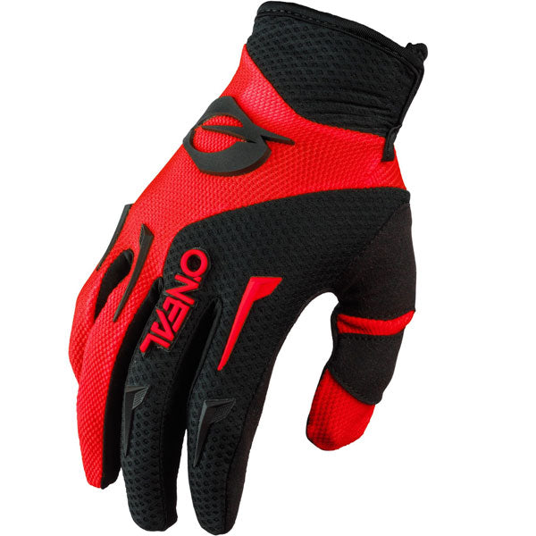 Catalog studio image of O'Neal, Element Gloves, Offroad Gloves, SKU E031-110, color options Black, Red/Black, Neon/Black, Blue/Black, Grey/Black, Orange/Black, sizes XS–5X