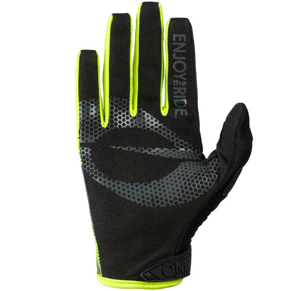 Studio photo showcasing O'Neal, Mayhem Covert Gloves, Offroad Gloves, SKU 0385-019, color options Charcoal/Neon, sizes XL–2X