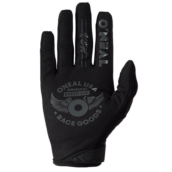 Studio photo showcasing O'Neal, Mayhem Bullet Gloves, Offroad Gloves, SKU M030-309, color options Black/White, Blue/Yellow, sizes XL–2X
