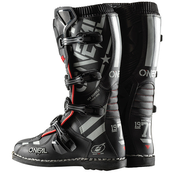 Clean studio photo on a white background of O'Neal, Element Squadron Boots, SKU 0332-608, color options Black/Grey/Red, sizes 7–15
