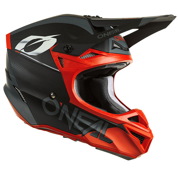 Studio product photo on a neutral background of O'Neal, 5 Series Haze Helmet, SKU 0628-342, color options Black/Red, Blue/Red, Blue/Orange, Grey/Black, sizes XS–2X