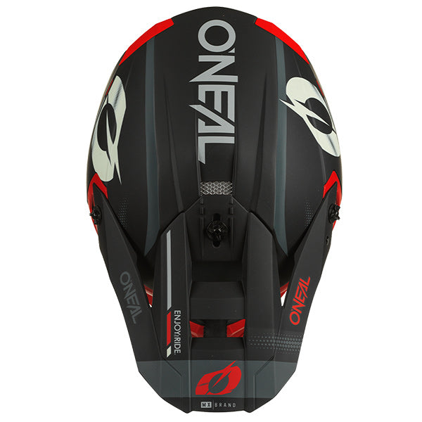 Detailed studio photograph of O'Neal, 5 Series Haze Helmet, SKU 0628-343, color options Black/Red, Blue/Red, Blue/Orange, Grey/Black, sizes XS–2X