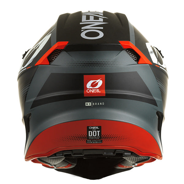 Studio photo showcasing O'Neal, 5 Series Haze Helmet, SKU 0628-344, color options Black/Red, Blue/Red, Blue/Orange, Grey/Black, sizes XS–2X