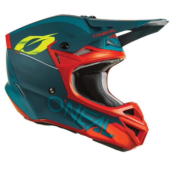 Detailed studio photograph of O'Neal, 5 Series Haze Helmet, SKU 0628-312, color options Black/Red, Blue/Red, Blue/Orange, Grey/Black, sizes XS–2X