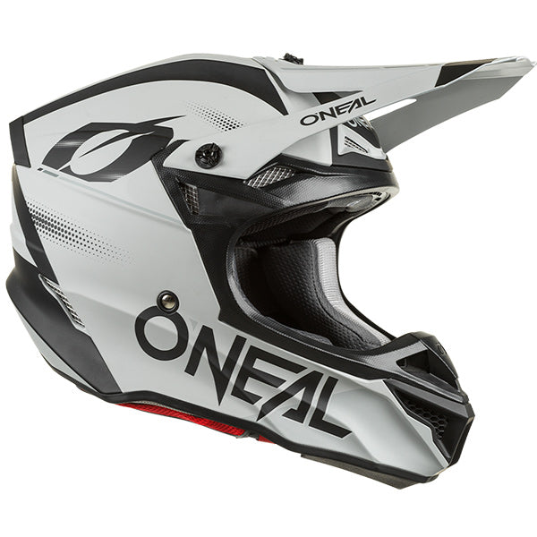 Studio photo showcasing O'Neal, 5 Series Haze Helmet, SKU 0628-323, color options Black/Red, Blue/Red, Blue/Orange, Grey/Black, sizes XS–2X