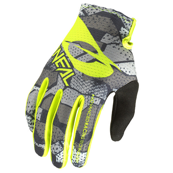 High-resolution studio image of O'Neal, Matrix Camo Glove, Offroad Gloves, SKU 0391-710, color options Grey/Neon Yellow, sizes XL–2X