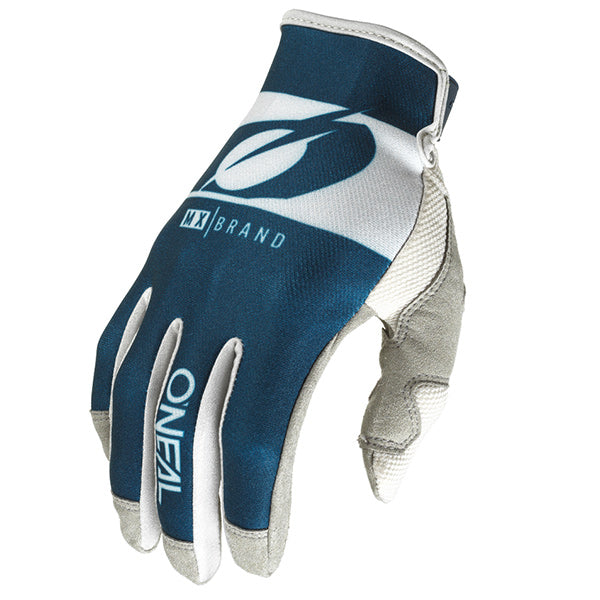 Detailed studio photograph of O'Neal, Mayhem Rider Glove, Offroad Gloves, SKU M030-112, color options Black/White, Blue/Grey, Red/Grey, sizes XL–2X