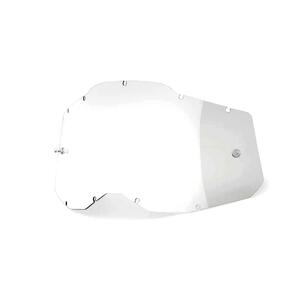 Detailed studio photograph of 100%, Replacement Lens (Accuri 2/Racecraft 2/Strata 2), Goggle Lens, SKU 5808100000, sizes Blue, Clear, Injected Clear, Dark Smoke, Mirror Blue, Mirror Gold, Mirror Green, Mirror Pink, Mirror Red, Mirror Red/Blue, Mirror Silver, Mirror True Gold