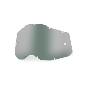 Studio image highlighting 100%, Replacement Lens (Accuri 2/Racecraft 2/Strata 2), Goggle Lens, SKU 5808100500, sizes Blue, Clear, Injected Clear, Dark Smoke, Mirror Blue, Mirror Gold, Mirror Green, Mirror Pink, Mirror Red, Mirror Red/Blue, Mirror Silver, Mirror True Gold