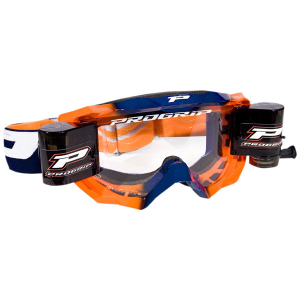 Product image of progrip 3200venom goggles with roll off system blue orange motocross goggles showing frame design, lens style, and colorway
