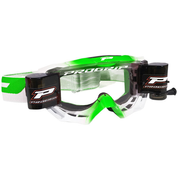 Product image of progrip 3200venom goggles with roll off system green motocross goggles showing frame design, lens style, and colorway