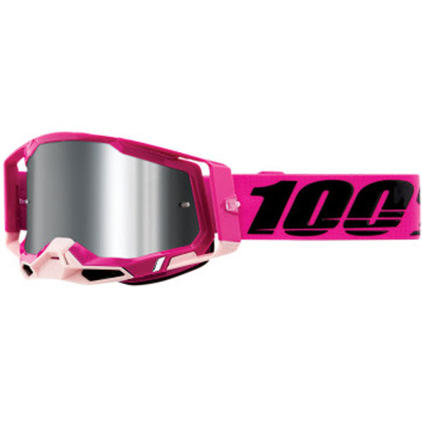 Studio photo of 100%, Racecraft 2.0 Goggle (Mirror Lens), Goggles, SKU 26013037, color options Arbis, Mirror Silver Lens, Mayfair, Mirror Silver Lens, Maho, Silver Flash Lens, Concordia, Mirror Blue Lens, Airblast, Mirror Silver Lens, Blue, Mirror Blue Lens, Fremont, Mirror Blue Lens, Red, Mirror Red Lens and more