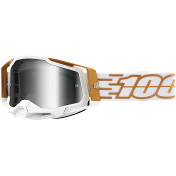 Detailed studio photograph of 100%, Racecraft 2.0 Goggle (Mirror Lens), Goggles, SKU 26013040, color options Arbis, Mirror Silver Lens, Mayfair, Mirror Silver Lens, Maho, Silver Flash Lens, Concordia, Mirror Blue Lens, Airblast, Mirror Silver Lens, Blue, Mirror Blue Lens, Fremont, Mirror Blue Lens, Red, Mirror Red Lens and more